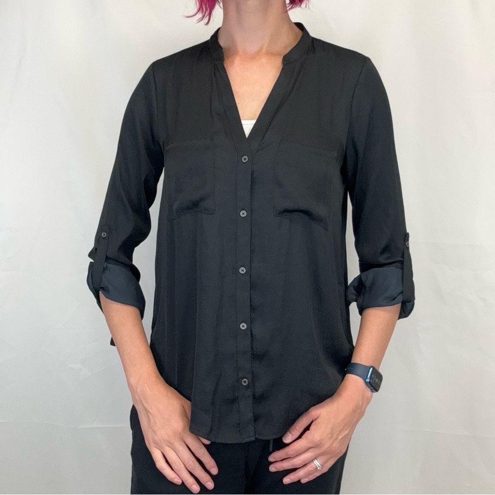 Women's Forever 21 Black Satin Button Up Blouse Roll Tab Sleeve Size L
